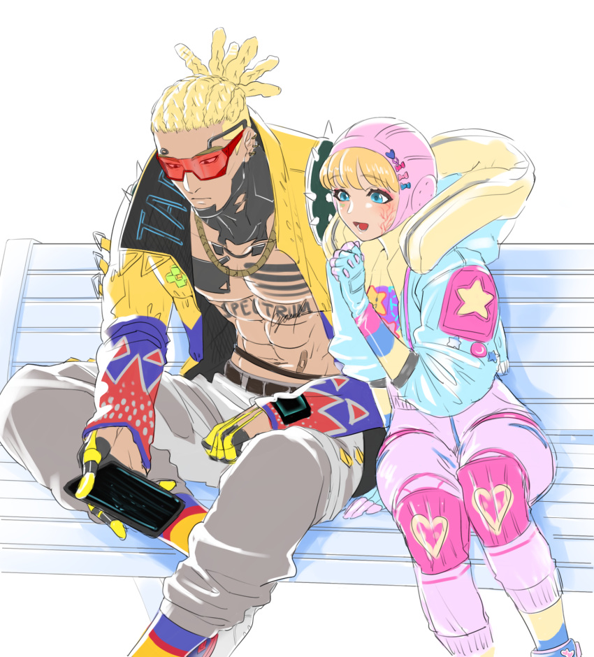 1boy, 1girl, abs, apex_legends, bailian, bandaid_on_stomach, blonde_hair, blue_eyes