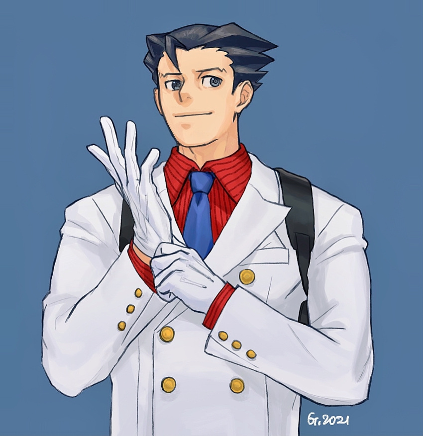 1boy, ace_attorney, adjusting_clothes, adjusting_gloves, alternate_costume, artist_name, backpack, bag, black_eyes, black_hair, blue_background, blue_necktie, bobby_fulbright, bobby_fulbright_(cosplay), breast_pocket, buttons, chinese_commentary, closed_mouth, collared_shirt, commentary_request, cosplay, dated, forehead, gloves, godzillapigeon1, half-closed_eyes, hands_up, happy, highres, jacket, long_sleeves, looking_to_the_side, male_focus, necktie, own_hands_together, phoenix_wright, phoenix_wright:_ace_attorney_-_dual_destinies, pinstripe_pattern, pinstripe_shirt, pocket, red_shirt, shirt, short_hair, signature, simple_background, smile, solo, spiky_hair, standing, striped, upper_body, white_gloves, white_jacket