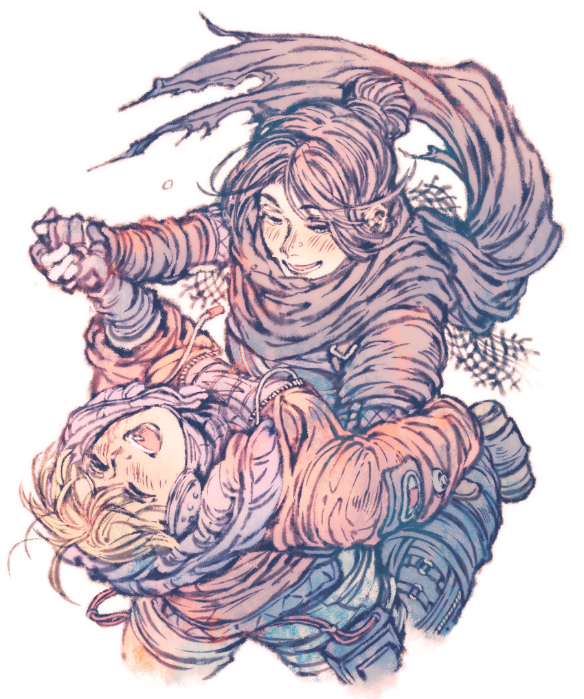 2girls, ^_^, apex_legends, bangs, black_bodysuit, black_gloves, black_scarf, blonde_hair