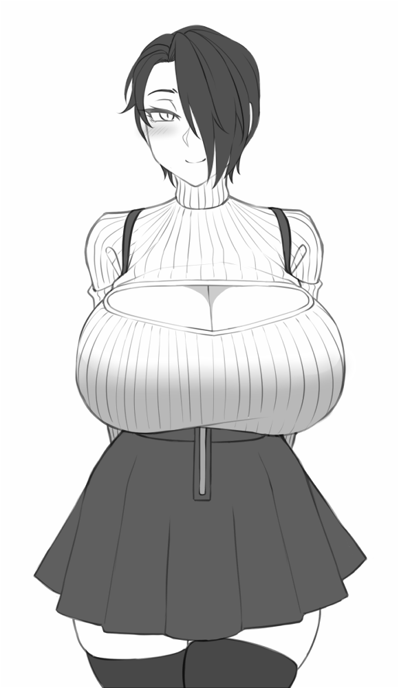 1girl, arms_behind_back, bangs, blush, breasts, cleavage_cutout, clothing_cutout, commentary