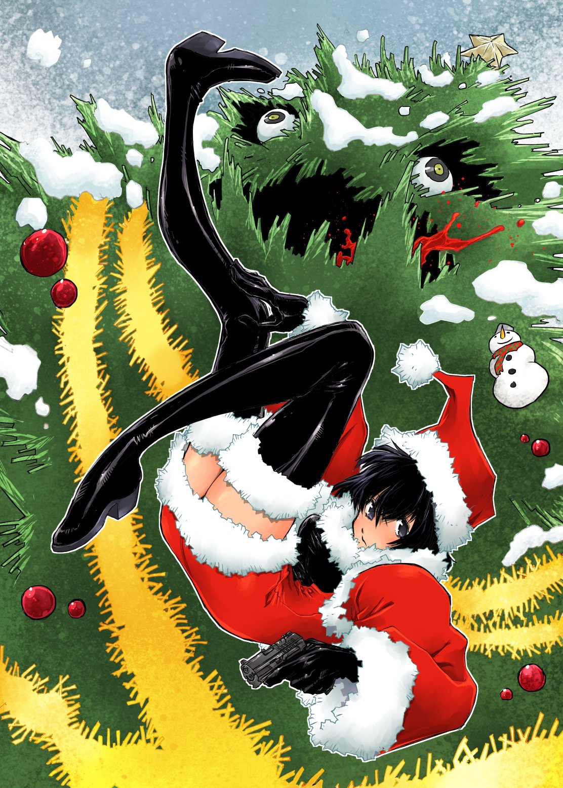 black_hair, chain_sumeragi, christmas, christmas_tree, gun, handgun, highres, kekkai_sensen