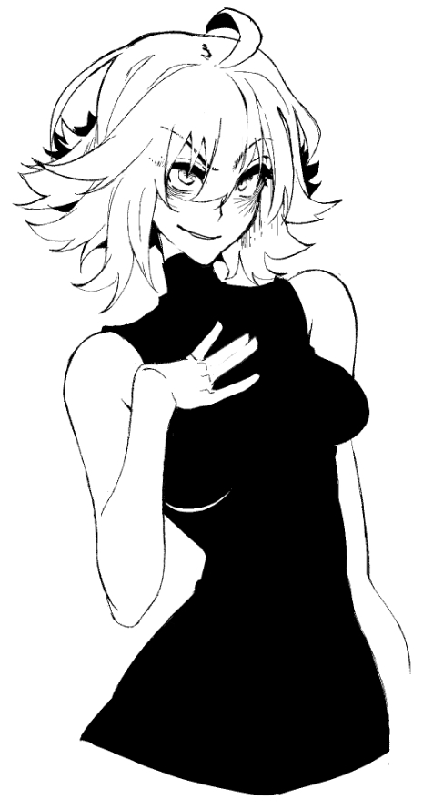 1girl, ahoge, dress, fate/grand_order, fate_(series), greyscale, hand_on_own_chest, jeanne_d'arc_(alter)_(fate)
