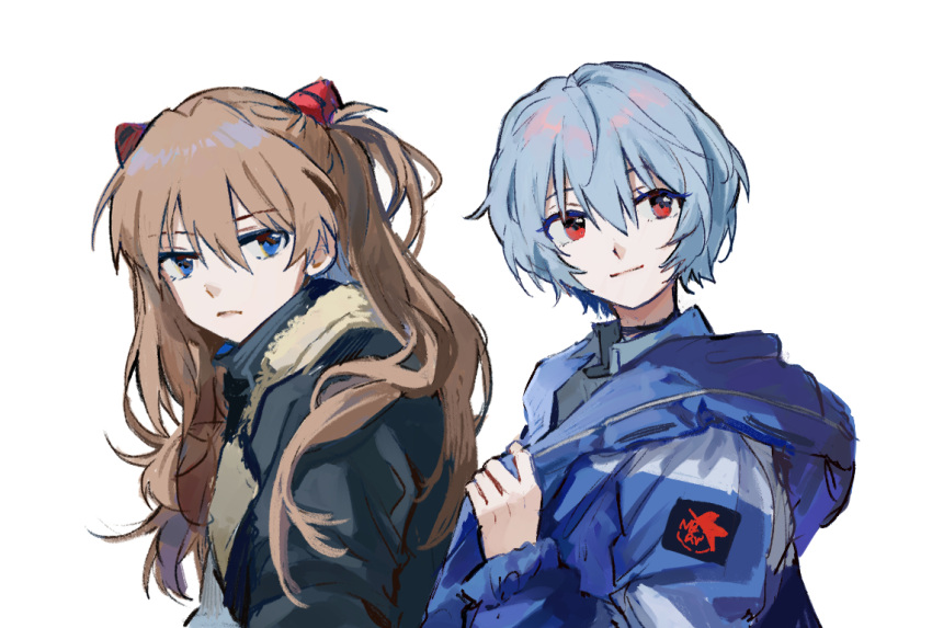 2girls, annoyed, ayanami_rei, bangs, black_jacket, black_shirt, black_sweater, blue_eyes, blue_hair, blue_jacket, brown_hair, closed_mouth, dango_404, frown, hair_ornament, hood, hood_down, hooded_jacket, jacket, long_hair, looking_at_viewer, multiple_girls, neon_genesis_evangelion, red_eyes, shirt, short_hair, sidelocks, smile, souryuu_asuka_langley, sweater, two_side_up, upper_body