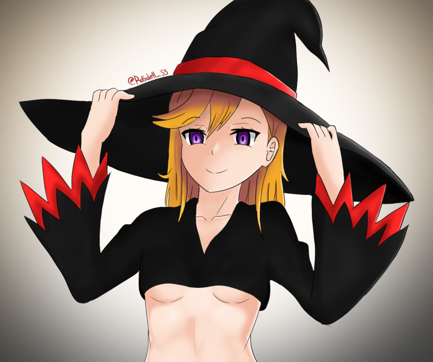 1girl, breasts, closed_mouth, clothing, collarbone, female, hat, headwear_request, love_live!, love_live!_superstar!!, medium_hair, orange_hair, roswell-ss, seductive_smile, shibuya_kanon, small_breasts, smile, smug, tummy, under_boob, violet_eyes, witch, witch_hat
