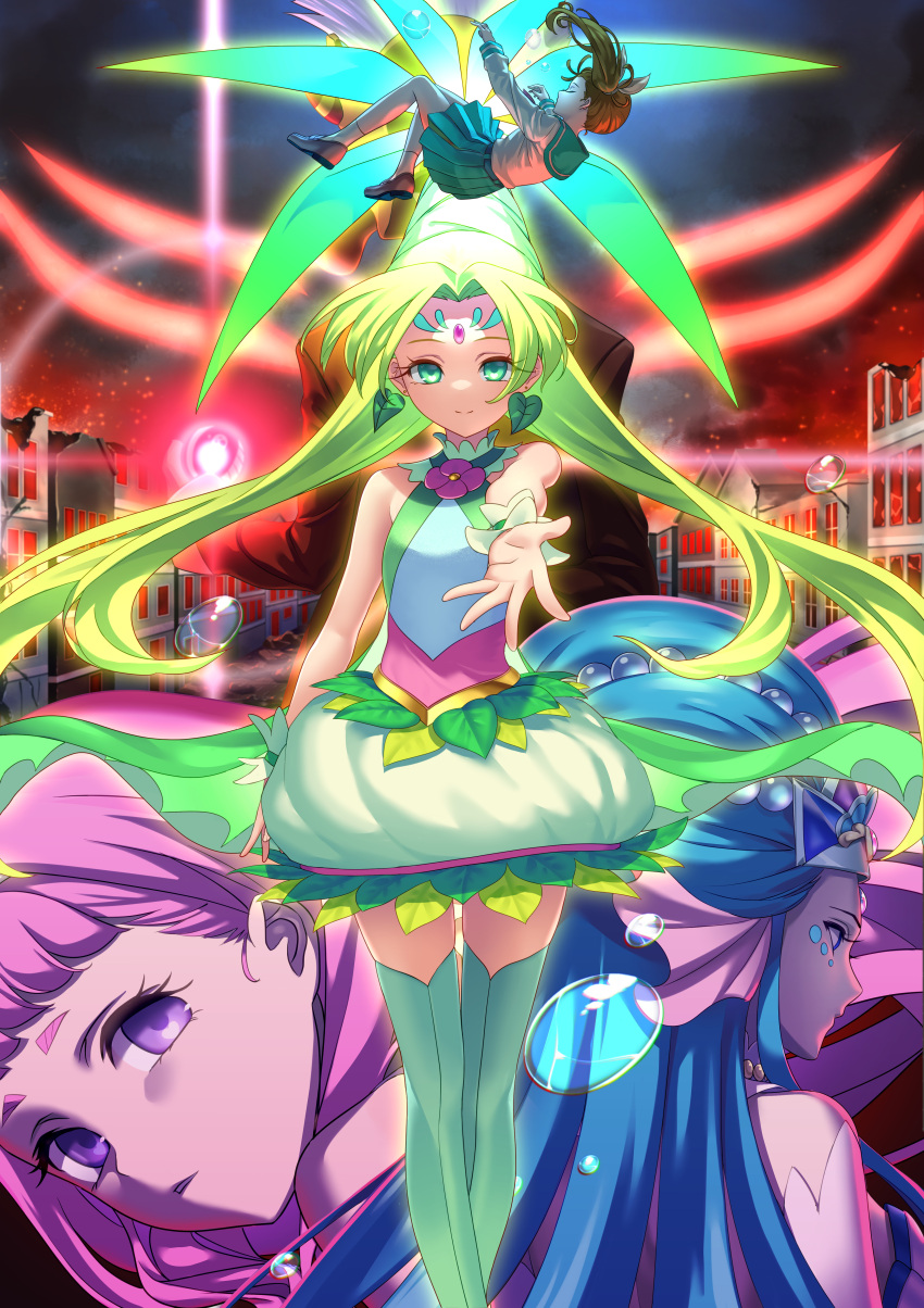 4girls, absurdres, agnete_(precure), aozora_middle_school_uniform, back-to-back, beehive_hairdo, black_suit, blue_hair