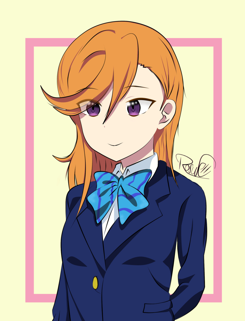 1girl, arms_behind_back, blue_uniform, bow, female, highres, love_live!, love_live!_superstar!!, medium_hair, orange_hair, otonokizaka_school_uniform, roswell-ss, school_uniform, shibuya_kanon, smile, violet_eyes