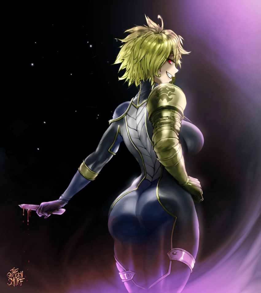 1girl, ass, black_background, blonde_hair, blood, blood_on_weapon, bodysuit, breasts