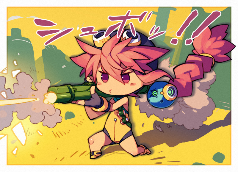 1girl, blush, braid, braided_ponytail, chibi, firing, gun, hair_between_eyes