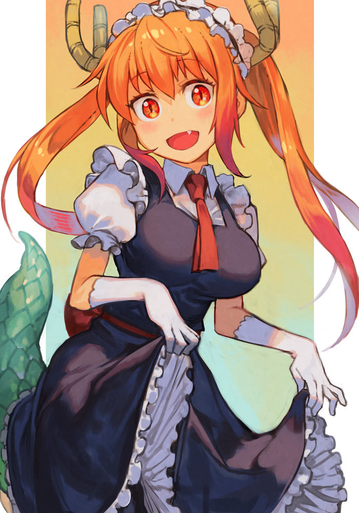 1girl, bangs, black_dress, blonde_hair, clothes_lift, cowboy_shot, dragon_girl, dragon_horns
