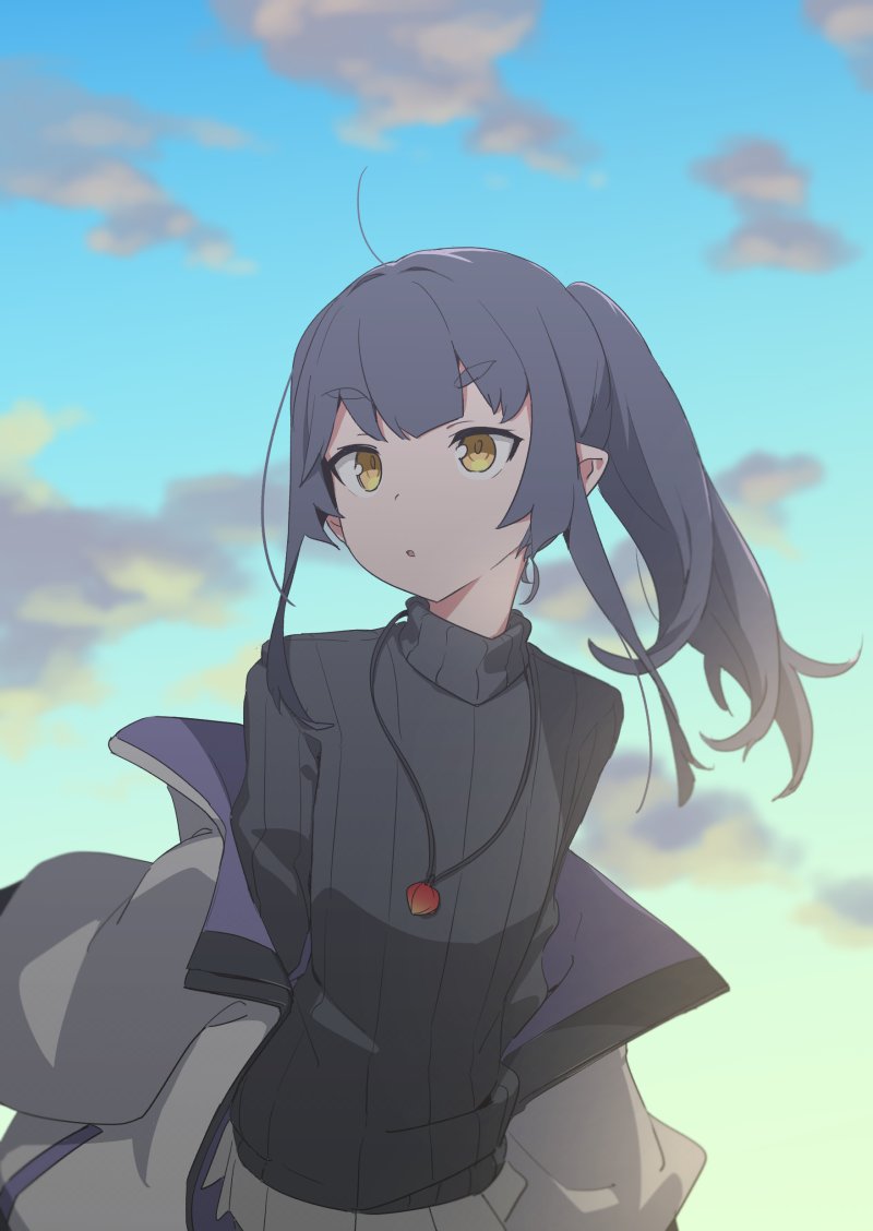 1girl, :o, ahoge, akari_(raigou), bangs, black_hair, black_sweater, blue_sky
