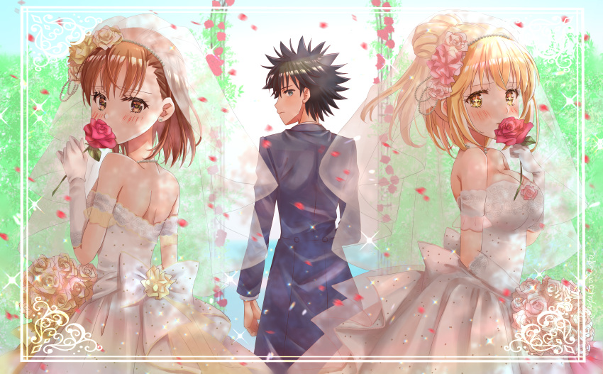 1boy, 2girls, absurdres, ayuko_(ayuko54bornthisway), black_hair, blonde_hair, blue_eyes, blush