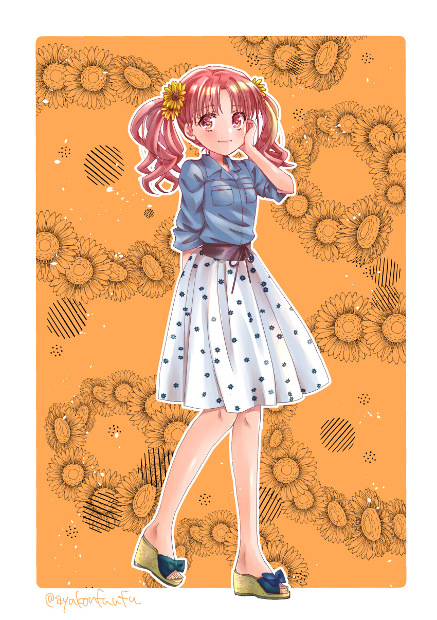 1girl, absurdres, arm_behind_back, ayuko_(ayuko54bornthisway), bare_legs, blue_bow, blue_shirt, border, bow, brown_eyes, brown_hair, brown_ribbon, closed_mouth, collared_shirt, dress_shirt, flower, full_body, hair_flower, hair_ornament, hand_on_own_cheek, hand_on_own_face, highres, long_hair, looking_at_viewer, medium_skirt, orange_background, outline, outside_border, pleated_skirt, print_skirt, ribbon, shiny, shiny_hair, shirai_kuroko, shirt, skirt, sleeves_rolled_up, smile, solo, standing, standing_on_one_leg, toaru_kagaku_no_railgun, toaru_majutsu_no_index, twintails, white_border, white_skirt, wing_collar, yellow_flower