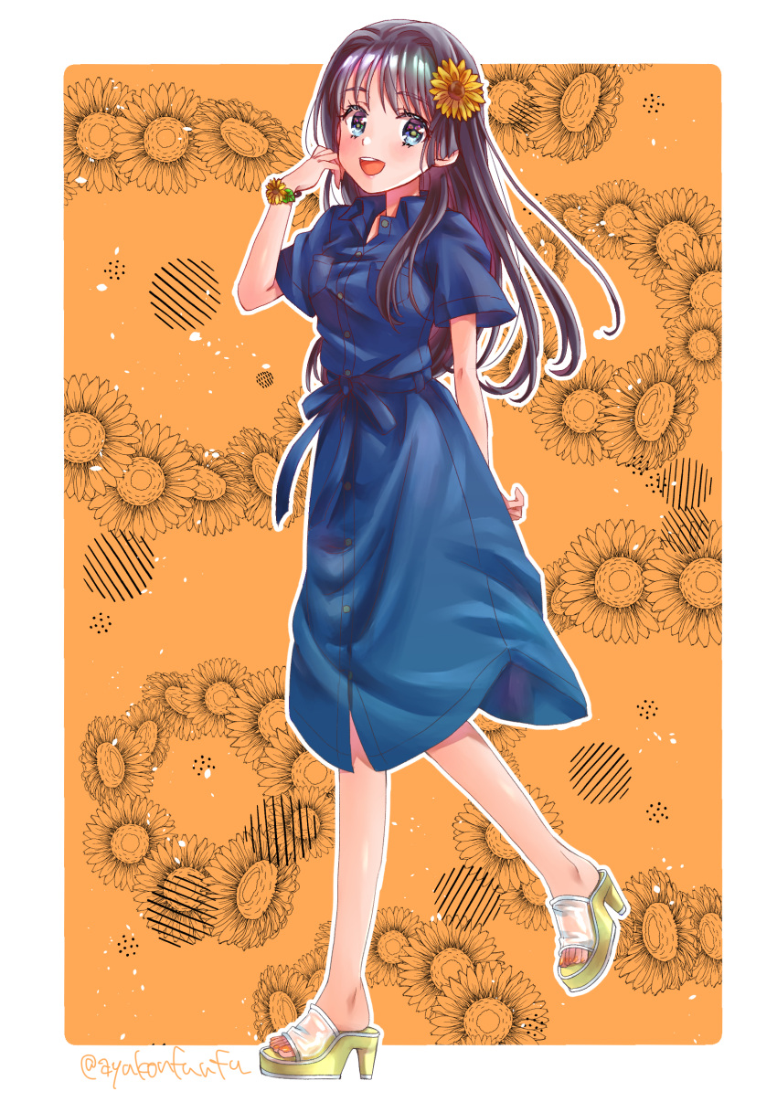 1girl, :d, absurdres, arm_behind_back, ayuko_(ayuko54bornthisway), black_hair, blue_dress, blue_eyes
