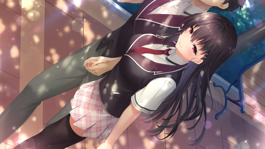 1boy, 1girl, arima_kyouya, bangs, black_hair, black_legwear, black_vest, blush, boku_no_mirai_wa_koi_to_kakin_to, breasts, brown_hair, closed_mouth, collared_shirt, couple, dappled_sunlight, eyebrows_visible_through_hair, game_cg, grey_pants, hair_between_eyes, half-closed_eyes, head_out_of_frame, highres, holding_hands, large_breasts, long_hair, miniskirt, necktie, nironiro, outdoors, pants, plaid, plaid_skirt, pleated_skirt, red_eyes, red_neckwear, school_uniform, shiny, shiny_hair, shirt, short_sleeves, skirt, smile, standing, straight_hair, sunlight, thigh-highs, very_long_hair, vest, walking, wataya_azusa, white_shirt, white_skirt, wing_collar, zettai_ryouiki