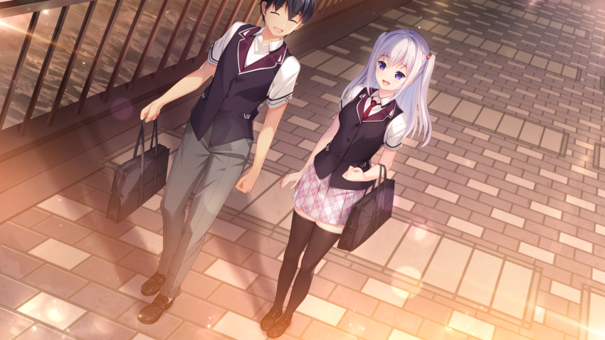 1boy, 1girl, :d, ^_^, arima_kyouya, asamori_mitsuki, bag, black_hair, black_legwear, black_vest, boku_no_mirai_wa_koi_to_kakin_to, breasts, brown_footwear, closed_eyes, collared_shirt, dress_shirt, dusk, food-themed_hair_ornament, full_body, game_cg, grey_pants, hair_ornament, highres, holding, holding_bag, lens_flare, loafers, long_hair, medium_breasts, miniskirt, necktie, nironiro, outdoors, pants, plaid, plaid_skirt, pleated_skirt, red_neckwear, school_bag, shirt, shoes, short_hair, short_sleeves, silver_hair, skirt, smile, strawberry_hair_ornament, thigh-highs, twintails, vest, walking, white_shirt, white_skirt, wing_collar, zettai_ryouiki