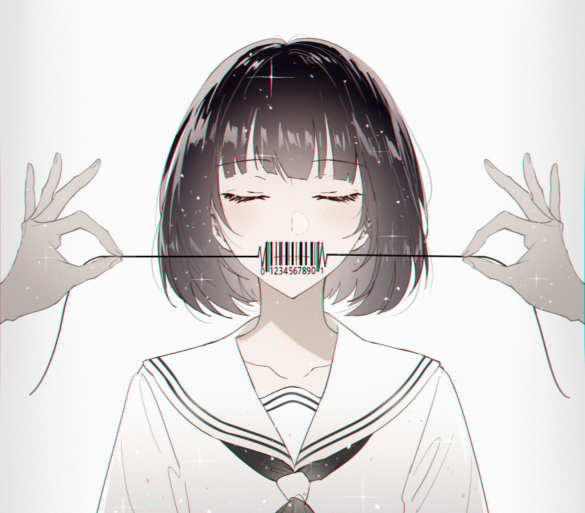 1girl, absurdres, bangs, barcode, black_hair, black_neckerchief, blush, cicirelrel
