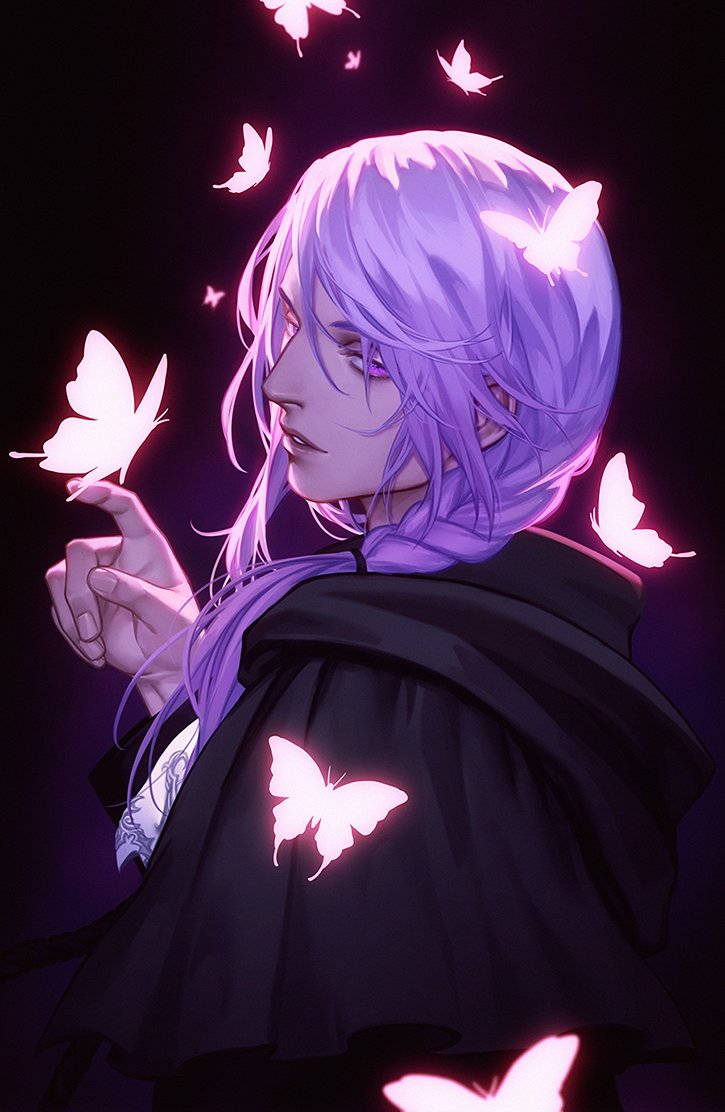 1boy, backlighting, bangs, black_background, black_capelet, braid, bug, butterfly