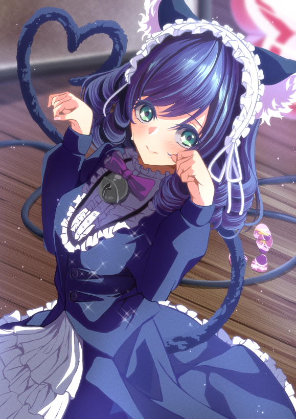 1girl, animal_ears, bell, blue_hair, cat_ears, cat_tail, curly_hair, cyan_(show_by_rock!!)