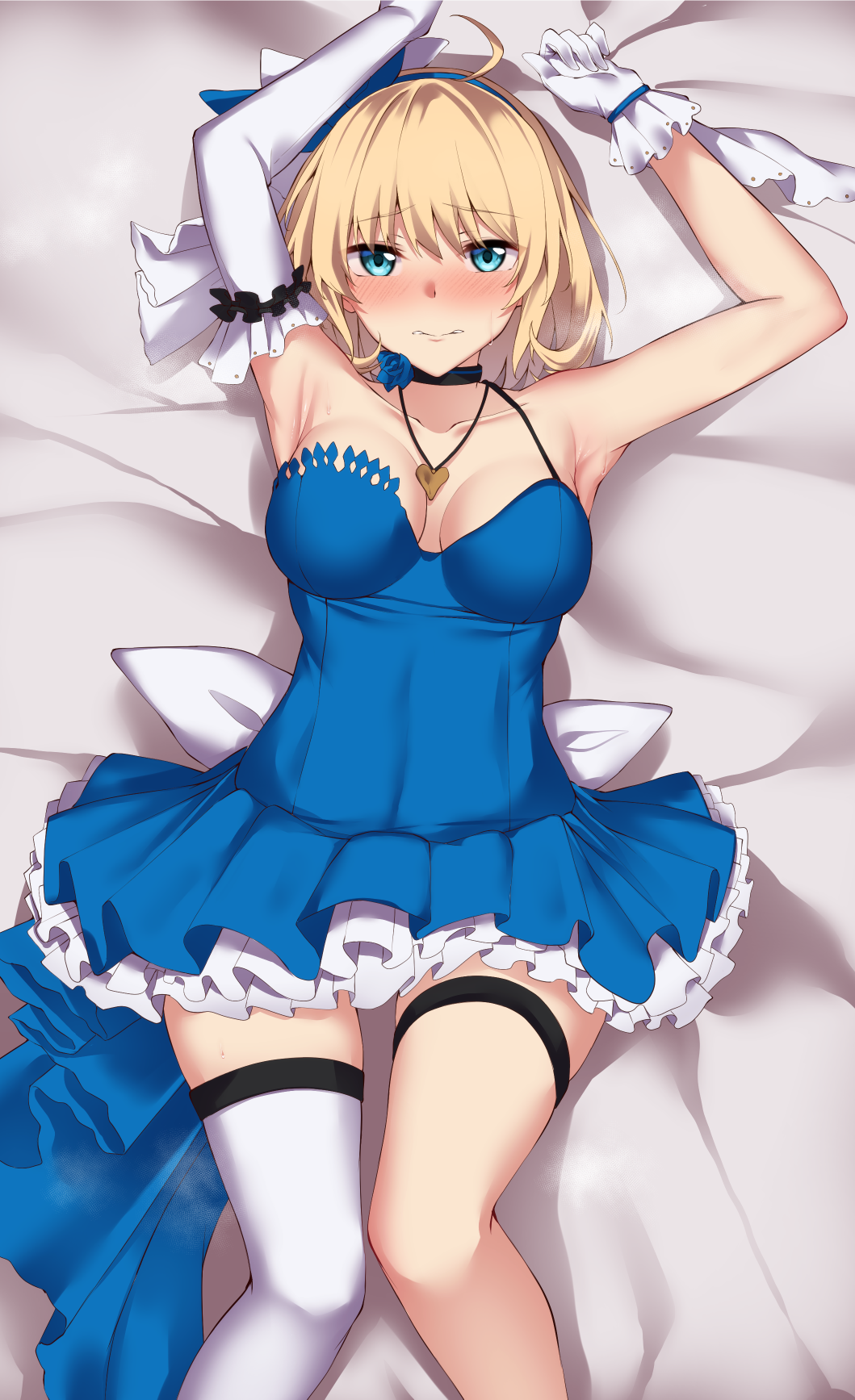 1girl, armpits, bangs, bare_shoulders, black_choker, blonde_hair, blue_dress, blue_eyes, blush, breasts, choker, closed_mouth, collarbone, commission, dress, elbow_gloves, eyebrows_visible_through_hair, feet_out_of_frame, flugel_(kaleido_scope-710), girls_frontline, gloves, hands_up, highres, jewelry, long_hair, looking_at_viewer, lying, m1911_(breaker_of_the_sky)_(girls'_frontline), m1911_(girls'_frontline), medium_breasts, necklace, on_back, single_thighhigh, skeb_commission, solo, thigh-highs, white_gloves, white_legwear