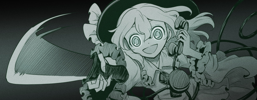 1girl, blowing, bow, child, diamond_(shape), frilled_sleeves, frills, harukawa_moe_(style), hat, hat_bow, hatching_(texture), hatching_(texture)_on_eye, highres, joyfull_(terrace), knife, komeiji_koishi, looking_at_viewer, monochrome, muisiki_rekuiemu, official_style, phone, short_hair, smile, talking_on_phone, third_eye, touhou, triangle_mouth, urban_legend_in_limbo