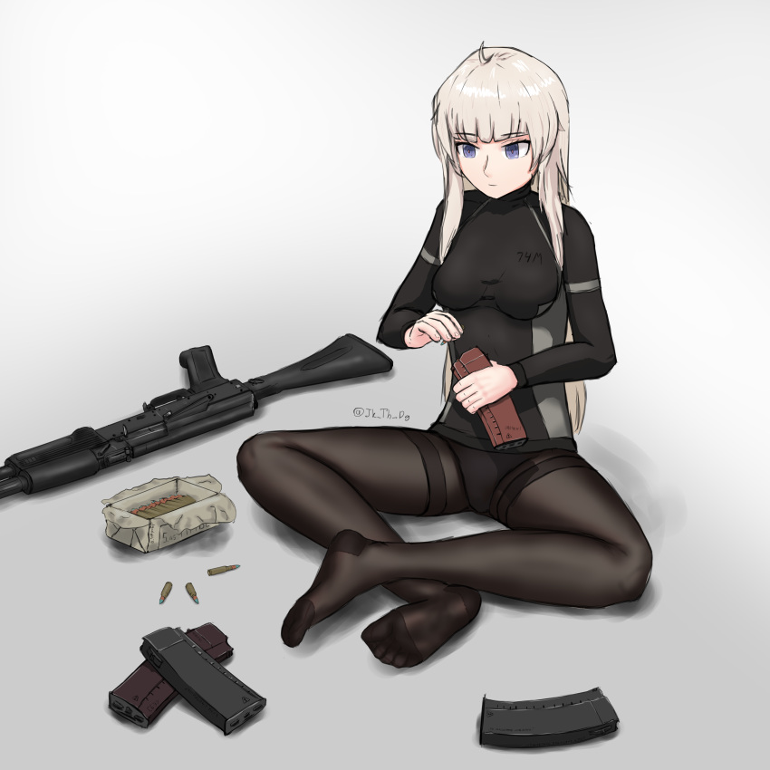 1girl, absurdres, ak-74m, ak74m_(girls'_frontline), artist_name, assault_rifle, bangs, black_bodysuit