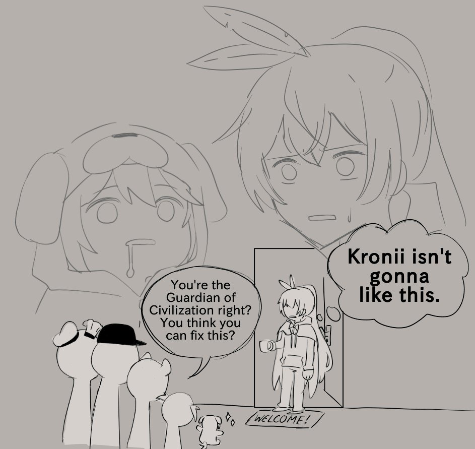 animal_costume, coffee_mug, cup, door, drooling, english_text, feathers, gawr_gura, hair_ornament, hat, hololive, hololive_english, holomyth, hood, hoodie, long_hair, mori_calliope, mug, nagi_nyaaa, nanashi_mumei, ninomae_ina'nis, sweat, takanashi_kiara, virtual_youtuber, watson_amelia, welcome_mat