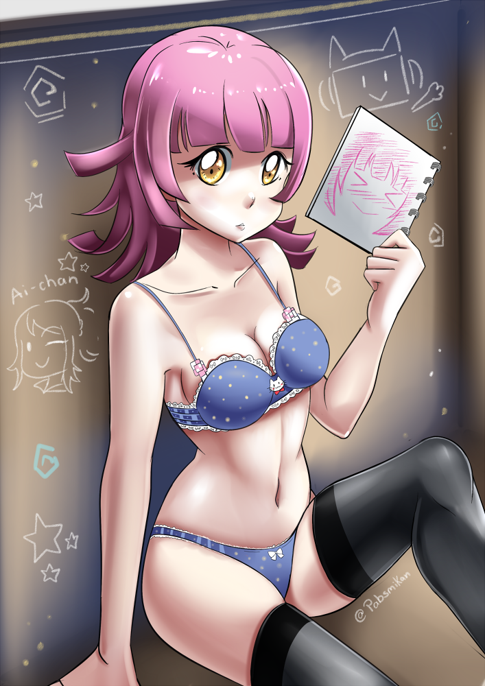 1girl, breasts, lingerie, love_live!, love_live!_nijigasaki_high_school_idol_club, navel, pabsmikan, panties, pantyhose, pink_hair, solo, tennoji_rina, thighs, underwear, yellow_eyes