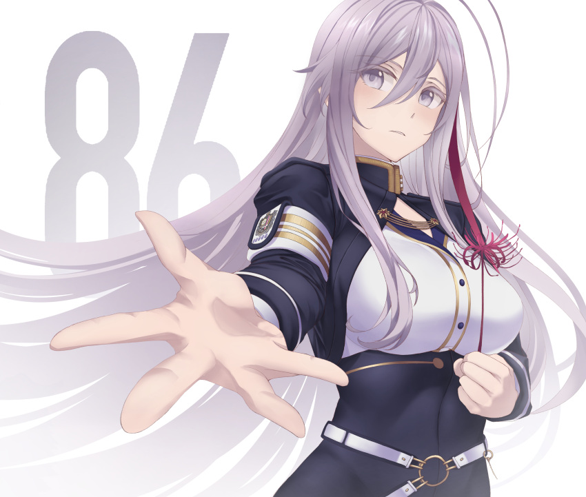 1girl, 86_-eightysix-, antenna_hair, armband, bangs, blue_eyes, blue_jacket, blush, breasts, commentary_request, eyebrows_visible_through_hair, hair_between_eyes, highres, jacket, kozen_(arturaxiaillust), long_hair, long_sleeves, medium_breasts, shirt, silver_hair, simple_background, smile, solo, upper_body, very_long_hair, vladilena_millize, white_shirt