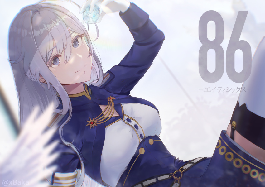 1girl, 86_-eightysix-, antenna_hair, armband, bangs, blue_eyes, blue_jacket, blush