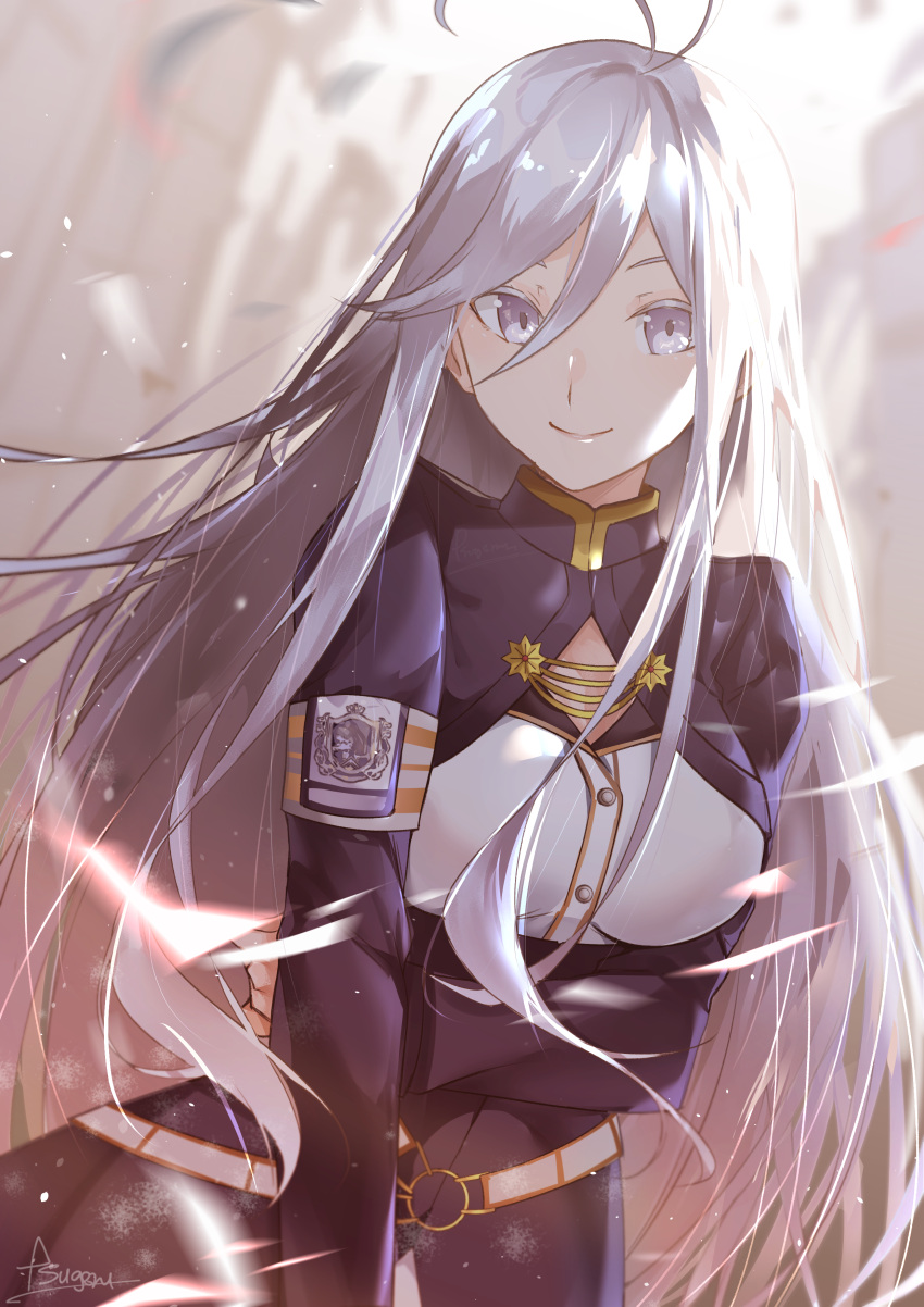 1girl, 86_-eightysix-, antenna_hair, armband, bangs, blue_eyes, blue_jacket, blush, breasts, commentary_request, eyebrows_visible_through_hair, hair_between_eyes, highres, jacket, long_hair, long_sleeves, medium_breasts, shirt, silver_hair, simple_background, smile, solo, tsugeru, upper_body, very_long_hair, vladilena_millize, white_shirt