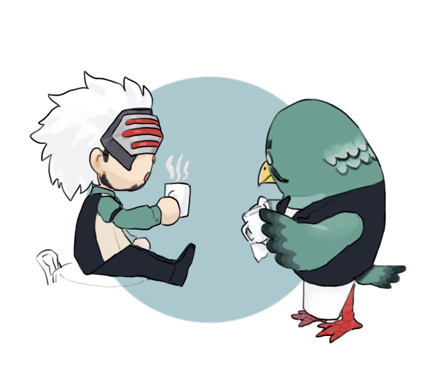 2boys, ace_attorney, animal_crossing, animal_feet, apron, beak, beard, bird_boy, bird_tail, black_bow, black_bowtie, black_footwear, black_jacket, black_pants, bow, bowtie, brewster_(animal_crossing), brown_vest, chibi, chinese_commentary, cleaning, closed_mouth, commentary_request, crossover, cup, drink, facial_hair, from_side, full_body, furry, furry_male, glasses, godot_(ace_attorney), godzillapigeon1, green_shirt, hand_up, holding, holding_cup, holding_drink, jacket, legs_together, long_sleeves, male_focus, mask, mug, multiple_boys, mustache, open_mouth, pants, phoenix_wright:_ace_attorney_-_trials_and_tribulations, profile, shirt, shoes, short_hair, sitting, sleeveless, sleeveless_jacket, standing, steam, tail, vest, waist_apron, white_apron, white_hair, white_shirt, wings