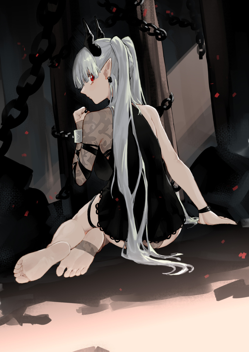 1girl, absurdres, arknights, bare_legs, barefoot, black_dress, bracelet, chain