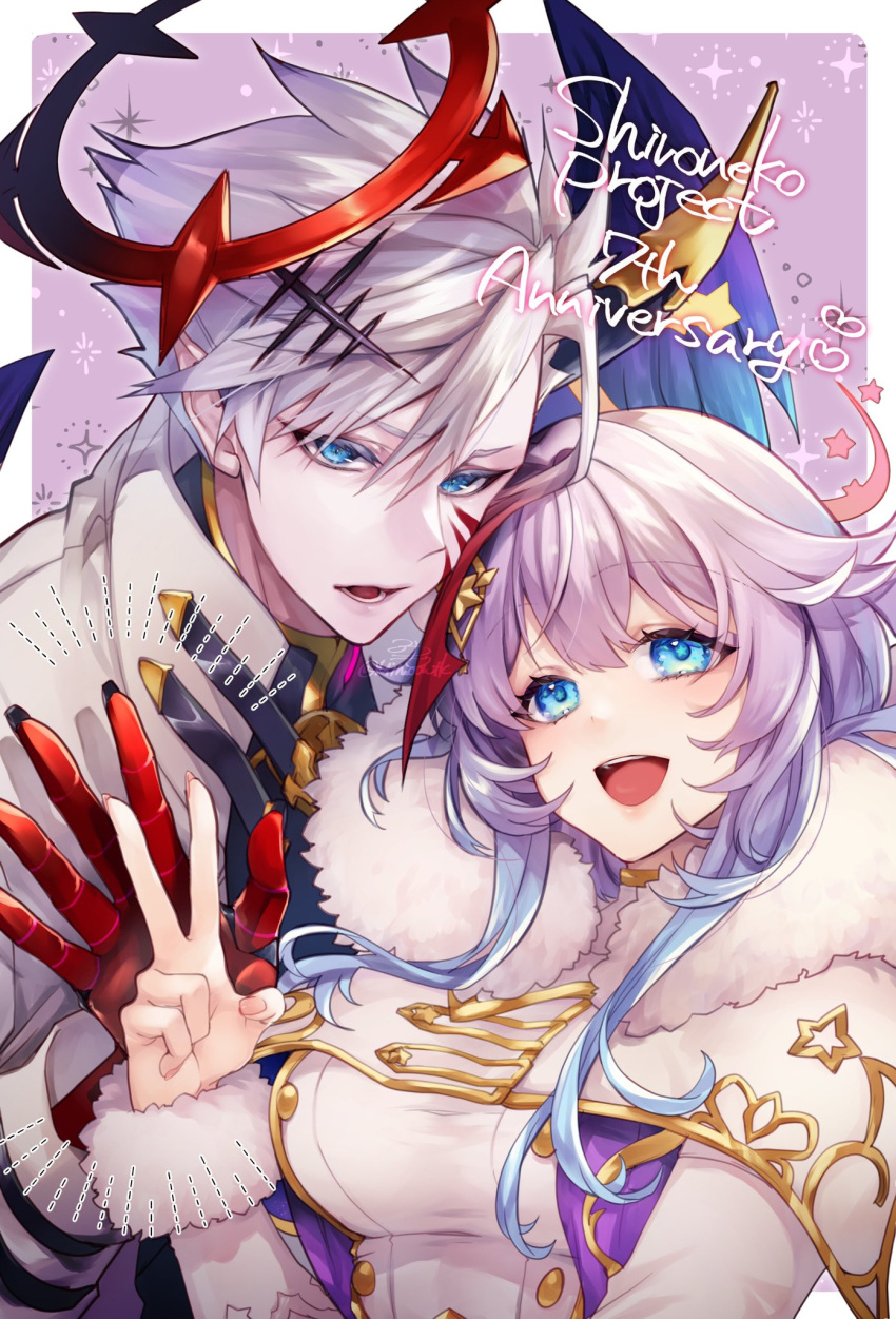 1boy, 1girl, :d, bangs, blue_eyes, blue_hair, breasts, coat
