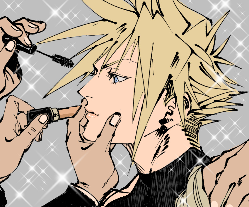 1boy, absurdres, applying_makeup, blonde_hair, blue_eyes, cloud_strife, cosmetics, expressionless