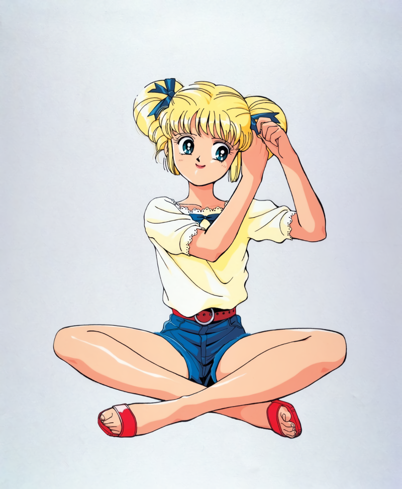 1990s_(style), 1girl, bangs, belt, blonde_hair, blue_eyes, blue_shorts, blush