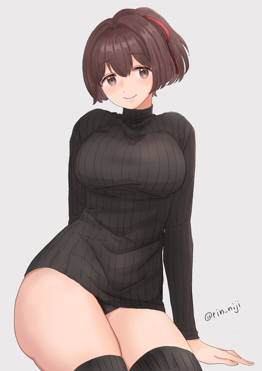 1girl, alternate_costume, bangs, black_legwear, black_panties, black_sweater, blush, breasts