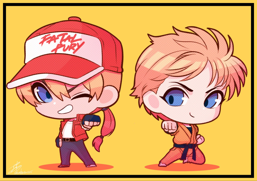 2boys, blonde_hair, blue_eyes, chibi, fatal_fury, fatal_fury_cap, fingerless_gloves, gloves, highres, jacket, multiple_boys, ponytail, ryou_sakazaki, ryuuko_no_ken, sudachi0315, terry_bogard