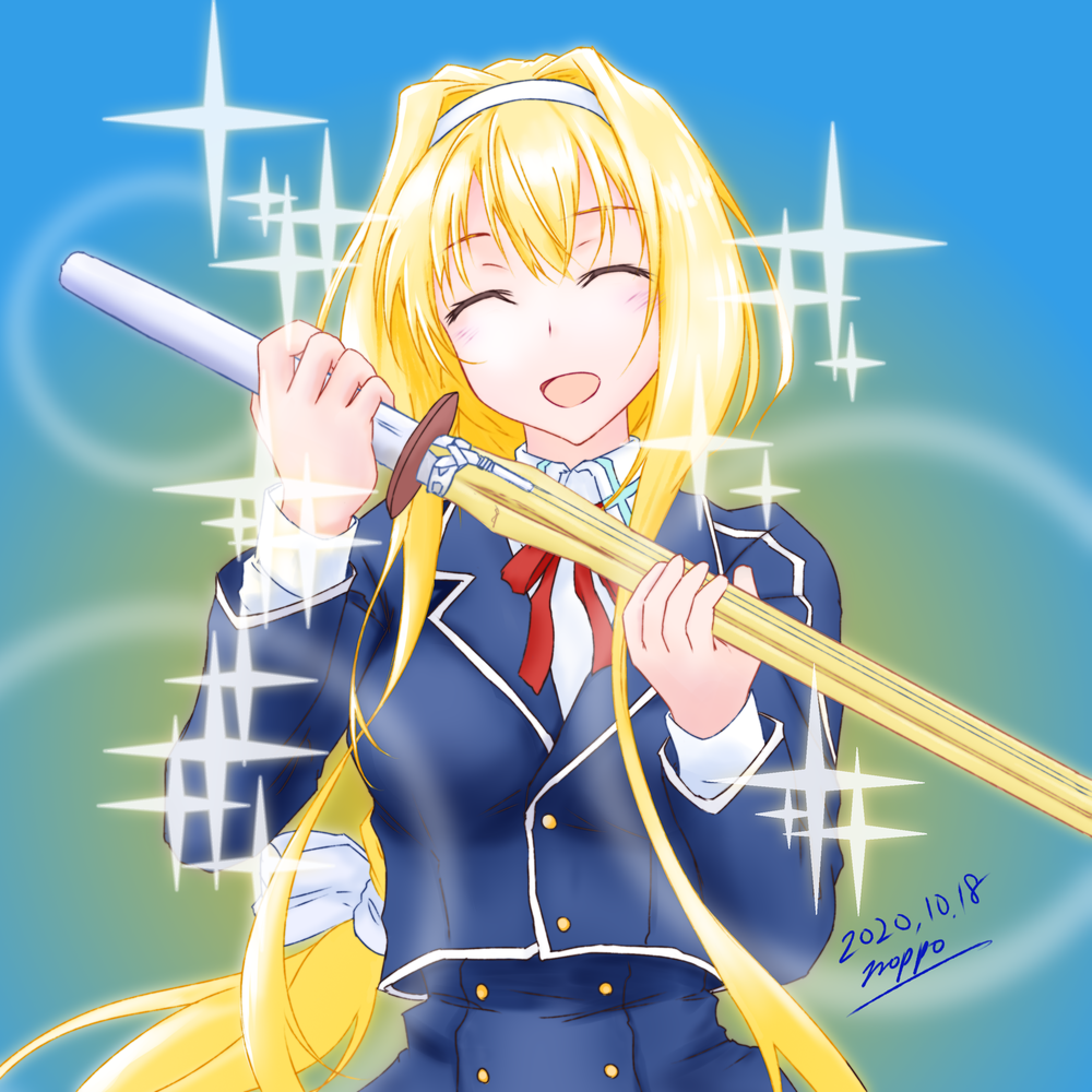 1girl, alice_schuberg, arm_at_side, bangs, blonde_hair, blue_eyes, border, bow