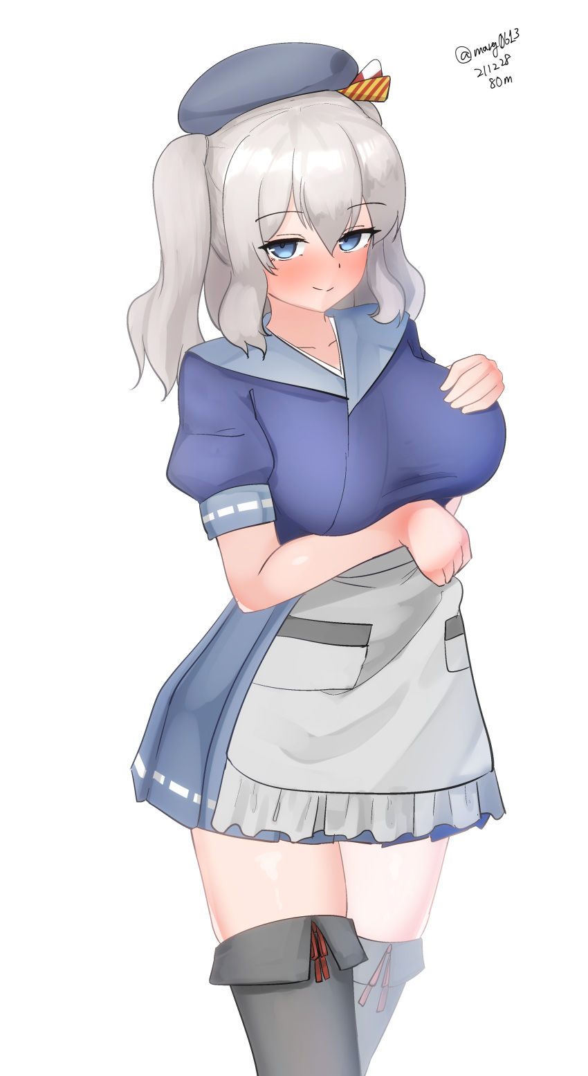 1girl, absurdres, apron, beret, black_headwear, blue_eyes, blue_sailor_collar, blue_serafuku, blue_skirt, breasts, chougei_(kancolle), chougei_(kancolle)_(cosplay), cosplay, dated, grey_legwear, hat, highres, kantai_collection, kashima_(kancolle), large_breasts, maru_(marg0613), pleated_skirt, sailor_collar, school_uniform, serafuku, sidelocks, silver_hair, simple_background, skirt, solo, thigh-highs, twintails, twitter_username, waist_apron, wavy_hair, white_apron, white_background