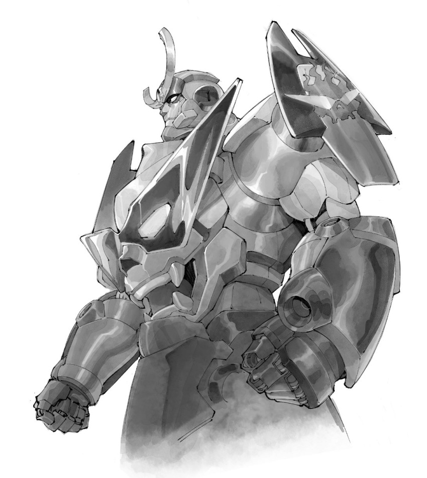 clenched_hands, cropped_legs, greyscale, gurren-lagann, highres, looking_ahead, mecha, monochrome