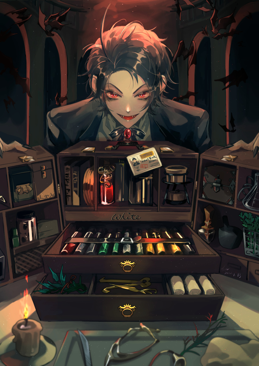 1boy, bangs, black_hair, black_jacket, black_neckwear, business_card, candle, candlelight