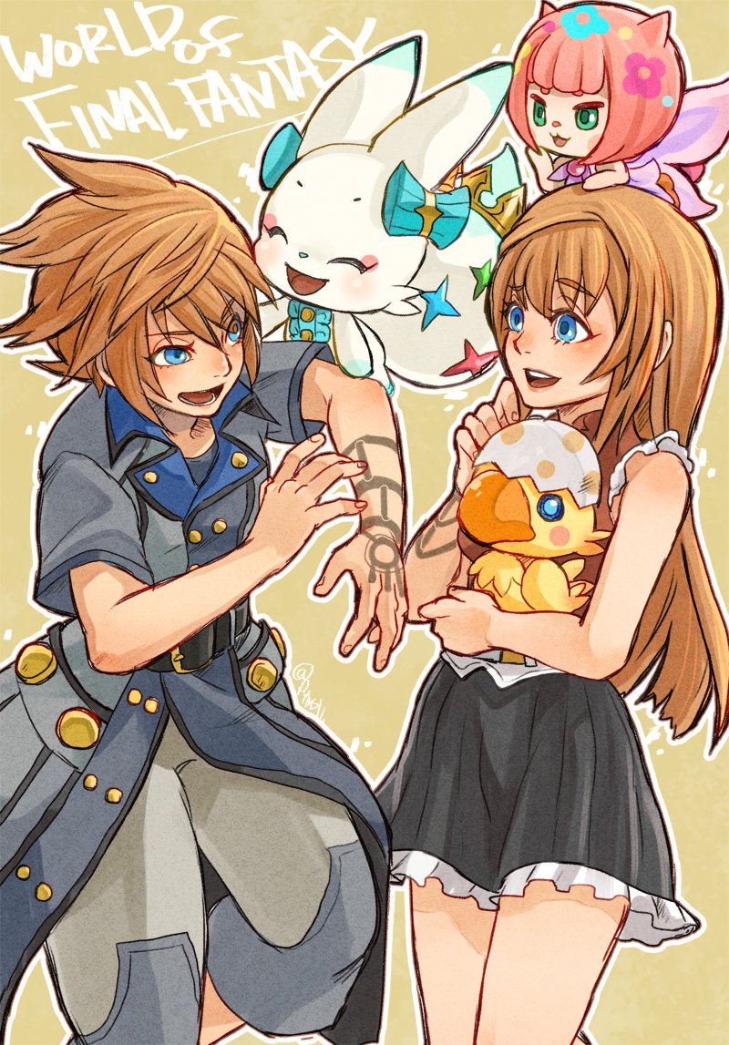 1boy, 1girl, blue_eyes, breasts, brother_and_sister, brown_hair, character_request, lann_(woff)
