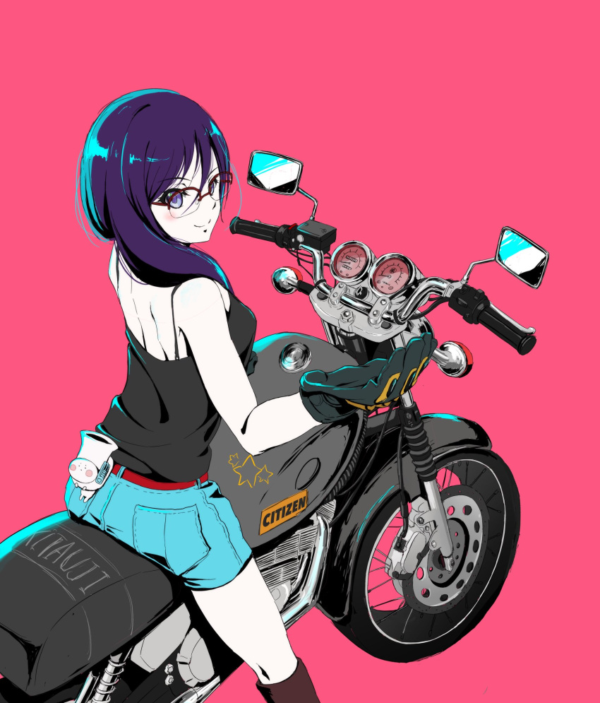 1girl, bangs, bare_shoulders, belt, black_camisole, blue_eyes, blush, boots