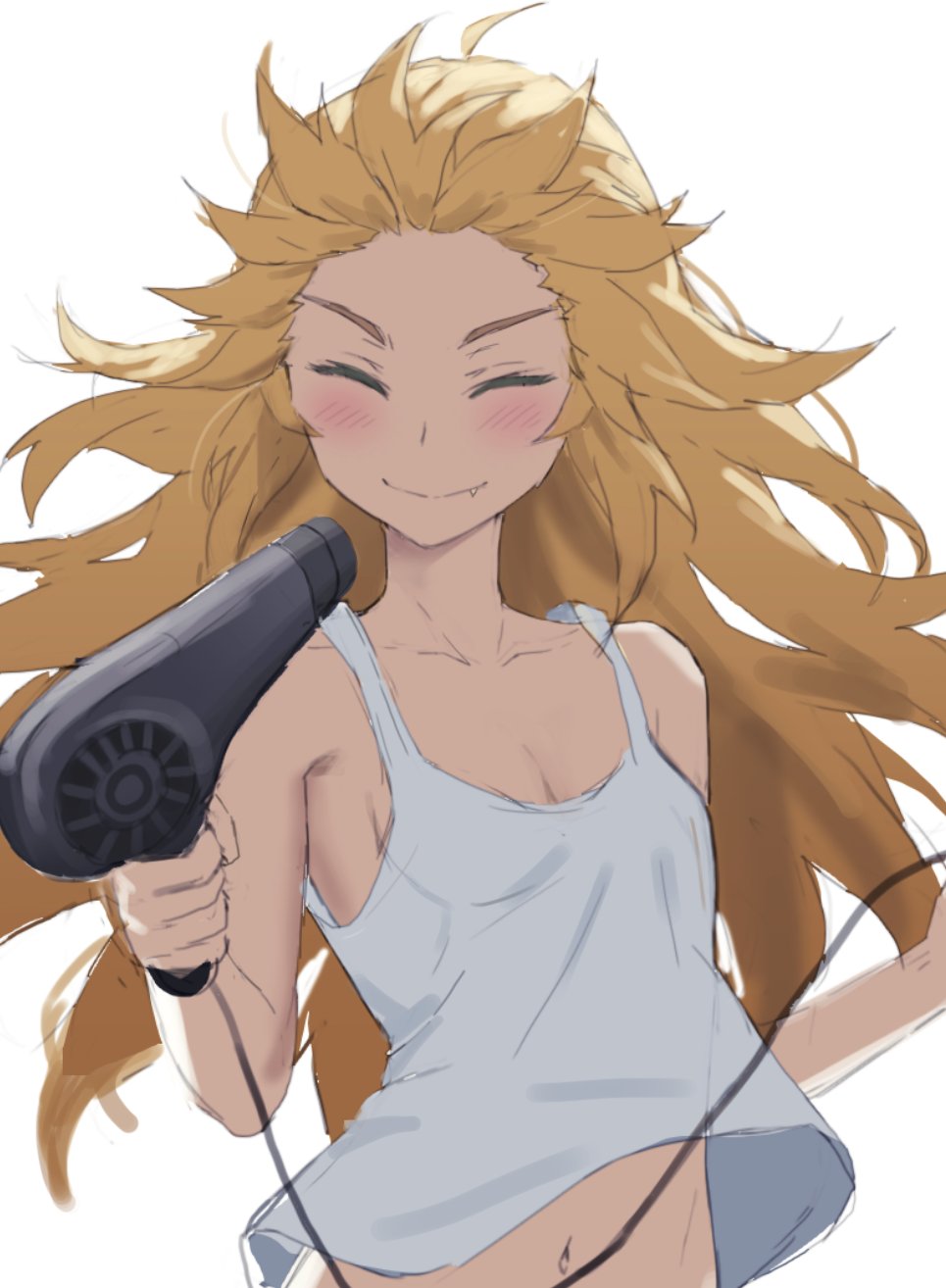 1girl, bare_shoulders, blonde_hair, blush, breasts, closed_eyes, closed_mouth, collarbone