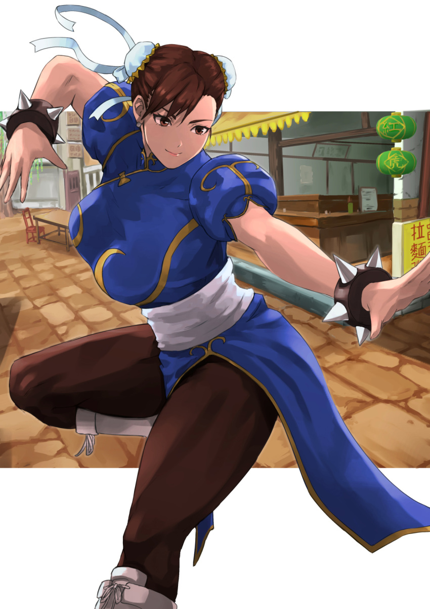 1girl, blue_dress, bracelet, breasts, brown_eyes, brown_hair, brown_legwear, building