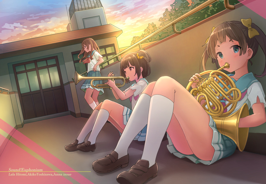 3girls, bangs, blonde_hair, blue_eyes, blue_sailor_collar, blue_skirt, brown_eyes, brown_footwear, brown_hair, building, closed_mouth, clouds, dutch_angle, expressionless, french_horn, hair_ribbon, hibike!_euphonium, highres, hitomi_lala, holding, holding_instrument, inoue_junna, instrument, kitauji_high_school_uniform, kneehighs, loafers, long_hair, looking_at_viewer, multiple_girls, music, neckerchief, nomio, outdoors, pink_neckerchief, playing_instrument, pleated_skirt, ribbon, sailor_collar, school_uniform, serafuku, shirt, shoes, short_sleeves, side_ponytail, sitting, skirt, sky, standing, sunset, tree, trumpet, twintails, white_legwear, white_shirt, yellow_ribbon, yoshizawa_akiko