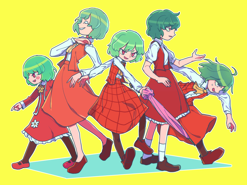 5girls, @_@, akira_(cookie), ascot, bangs, black_legwear, brown_footwear, collared_shirt