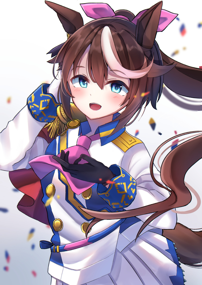 1girl, :d, absurdres, animal_ears, ascot, bangs, blue_eyes, blue_sky, blurry, blurry_background, brown_hair, clouds, day, depth_of_field, epaulettes, eyebrows_visible_through_hair, hair_between_eyes, hair_ribbon, hand_on_hip, hand_up, high_ponytail, highres, horse_ears, horse_girl, horse_tail, jacket, kurenai06250504, looking_at_viewer, multicolored_hair, outdoors, pink_neckwear, pink_ribbon, pleated_skirt, ponytail, ribbon, single_epaulette, skirt, sky, smile, solo, streaked_hair, tail, tokai_teio, umamusume, white_hair, white_jacket, white_skirt