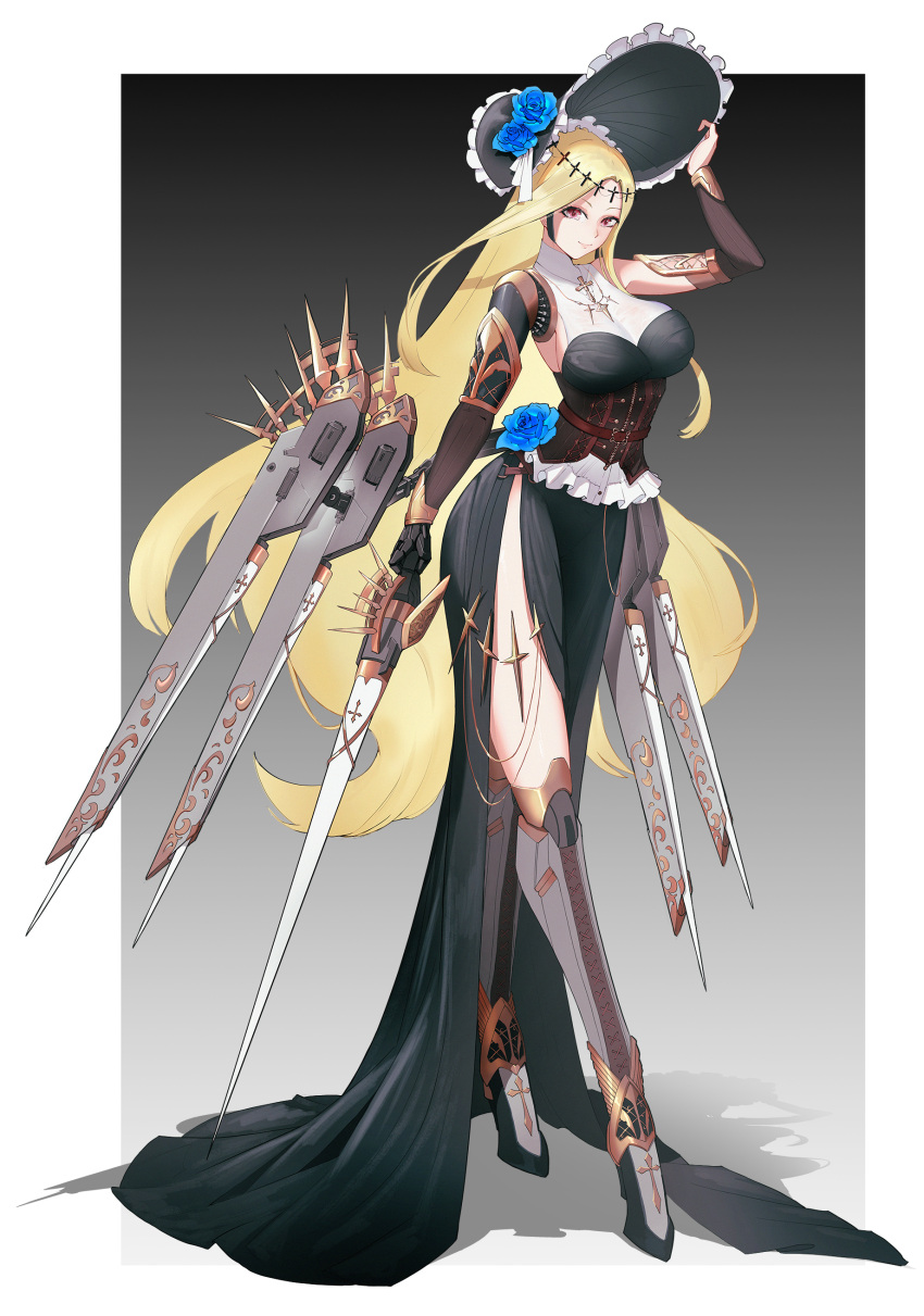 1girl, absurdres, black_dress, black_headwear, blonde_hair, breasts, cyborg, dress