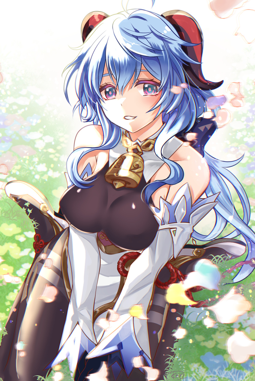 absurdres, ahoge, bangs, bare_shoulders, bell, black_legwear, blue_hair, blush